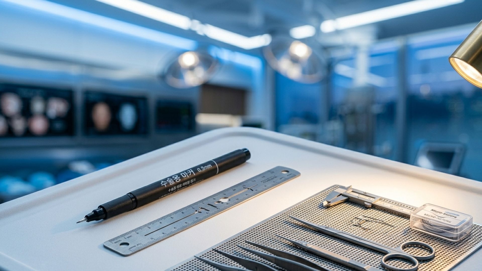 Close-up of precision surgical planning tools used in Korean double eyelid surgery