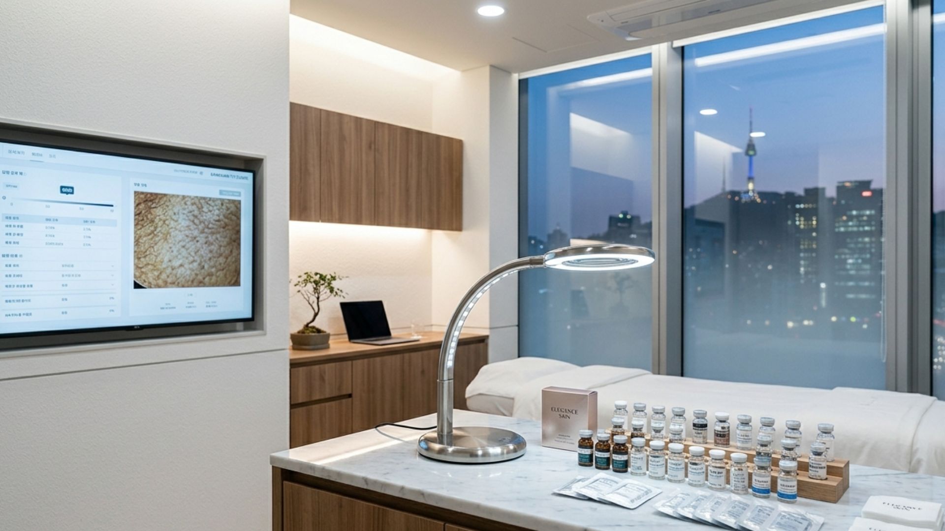 Korean dermatology clinic interior with modern equipment for Botox and injectable treatments