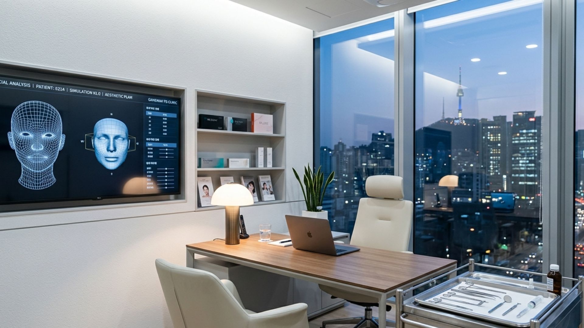 Modern plastic surgery clinic consultation room in Gangnam, Seoul — rhinoplasty planning session
